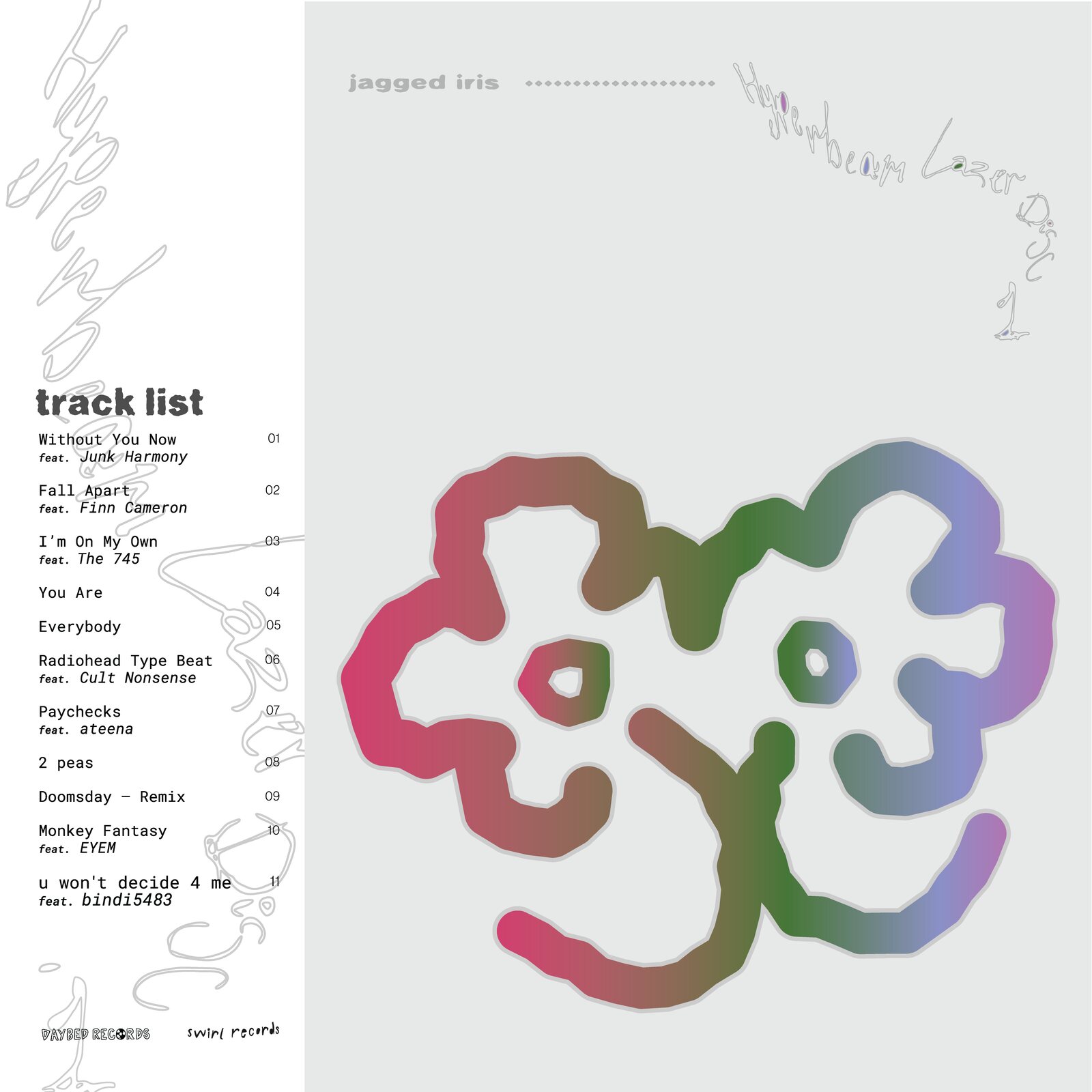 Hyperbeam Lazer Disc 1 cover: a hand-drawn flower face in a pink, green and violet gradient on pale grey, with the title handwritten across the top and the track list down a white strip on the left.